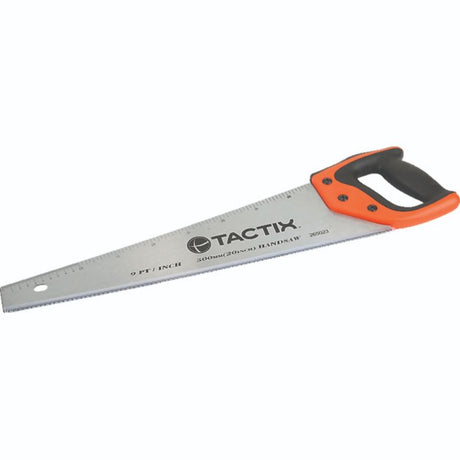 Tactix 15-inch hand saw with SK5 blade, non-slip handle, and Metric/SAE scales for precise woodworking cuts.