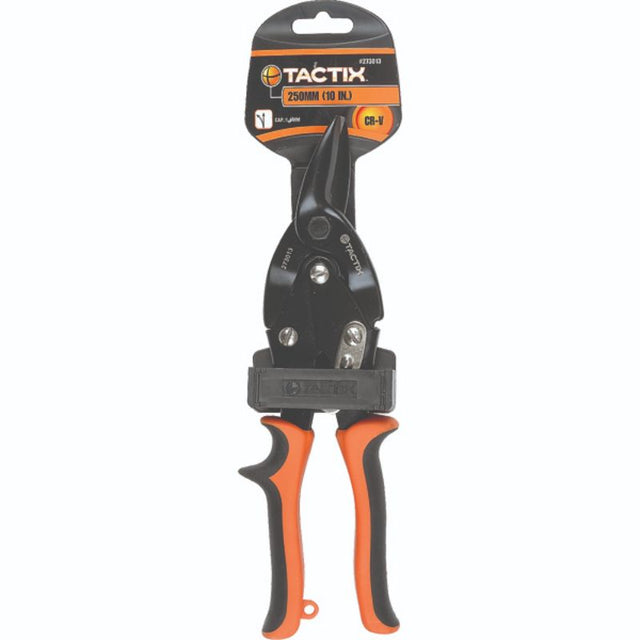 Tactix 250mm left-cut tin snips with chrome-vanadium steel and non-slip handle for precise metal cutting.