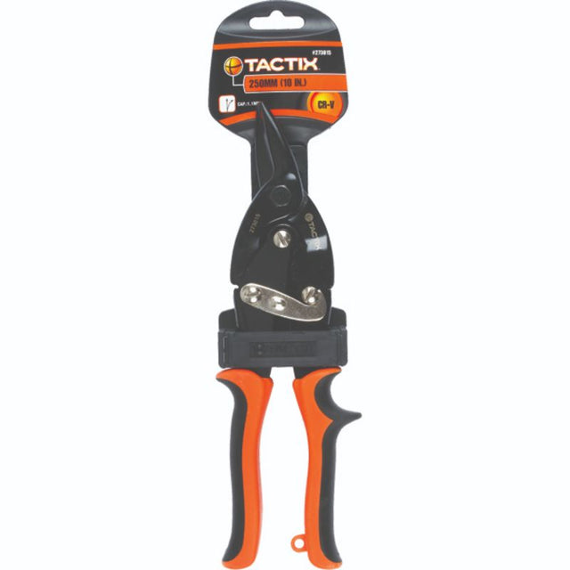 Tactix 250mm tin snip with right cut, durable Chrome-Vanadium steel, ergonomic non-slip handle, ideal for metal cutting.