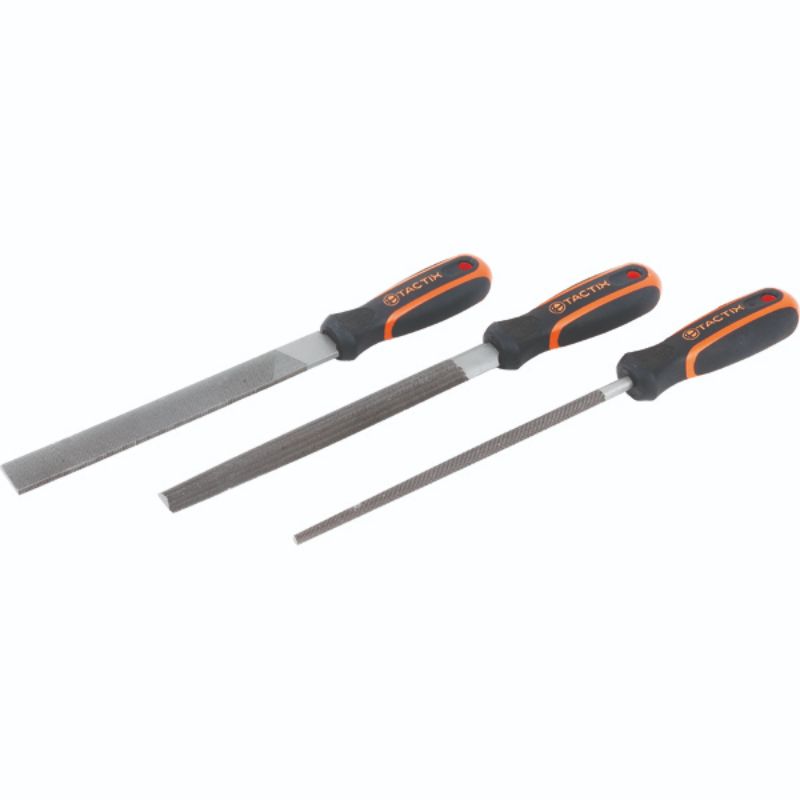 Three-piece steel file set with flat, round, and half round files; features ergonomic handles for comfortable use.