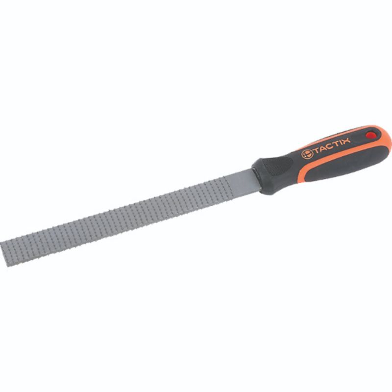 Flat wood rasp with non-slip handle, 200mm length, perfect for shaping and smoothing wood surfaces. Ideal for DIY and woodworking.