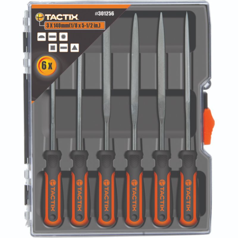 Tactix 140mm Needle File Set 6pc with non-slip handles, includes Half Round, Round, Equalling, Square, Flat, and Triangle files.