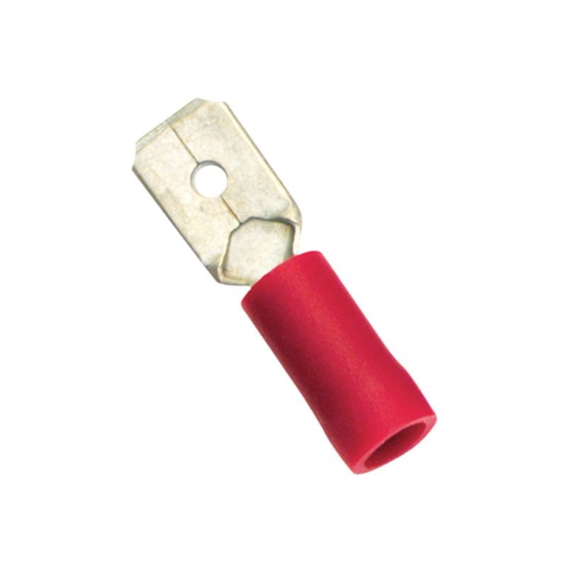 Red male push-on spade terminals in a 25 pack, ideal for reliable electrical connections in automotive and marine projects.