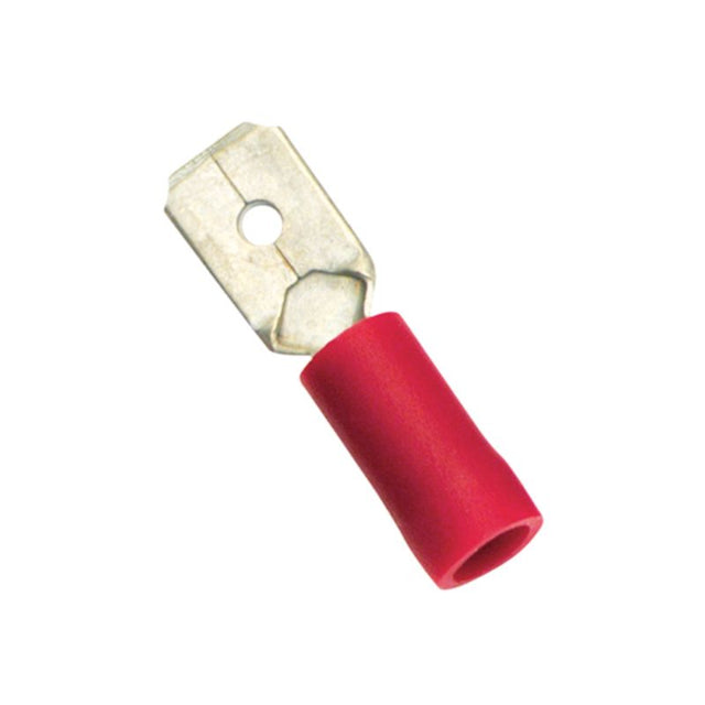 Red male push-on spade terminals in a 25 pack, ideal for reliable electrical connections in automotive and marine projects.