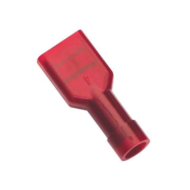 Red female insulated spade terminals in a 25-pack, ideal for secure electrical connections in various projects.