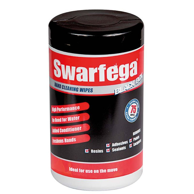 Swarfega Black Box Wipes bucket containing 75 extra large, heavy-duty hand cleaning wipes for tough grime removal without water.