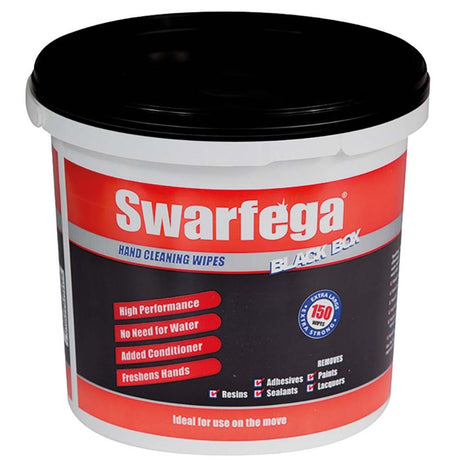 Swarfega Black Box Wipes bucket with 150 extra-large hand cleaning wipes for tough messes, leaving hands fresh and smooth.