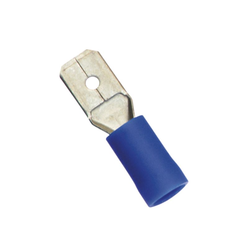 Blue male push-on spade terminals in a 100-pack, designed for reliable electrical connections and quick installations.