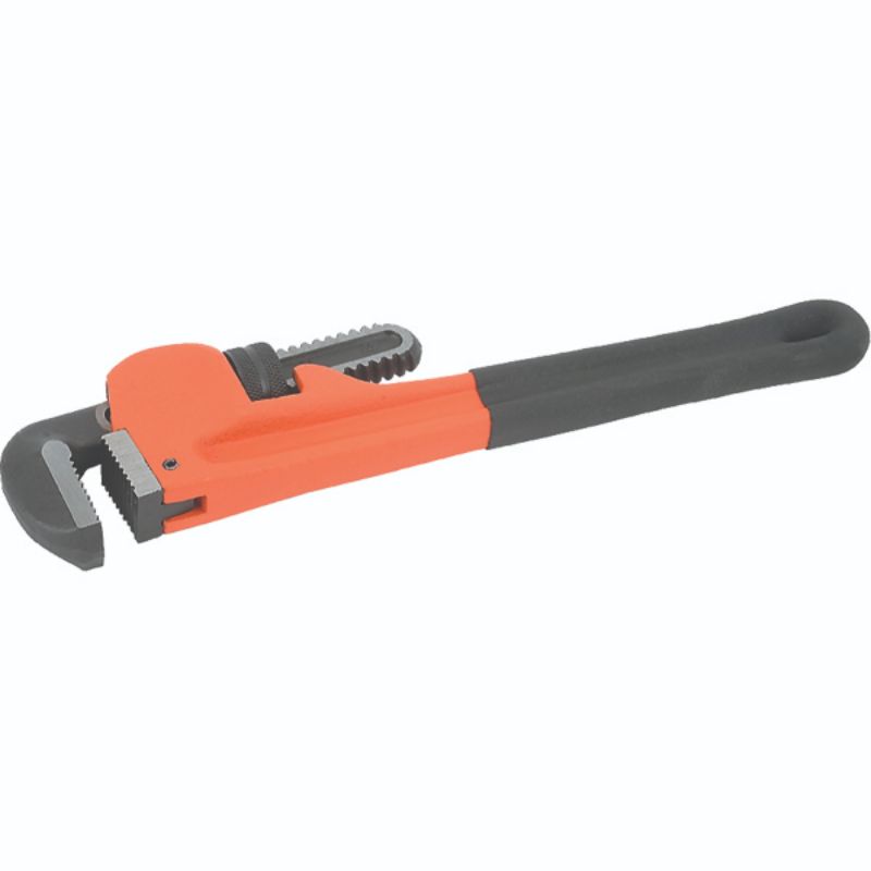 Tactix 450mm pipe wrench with durable cast iron body and non-slip handle for optimal grip and performance on plumbing tasks.