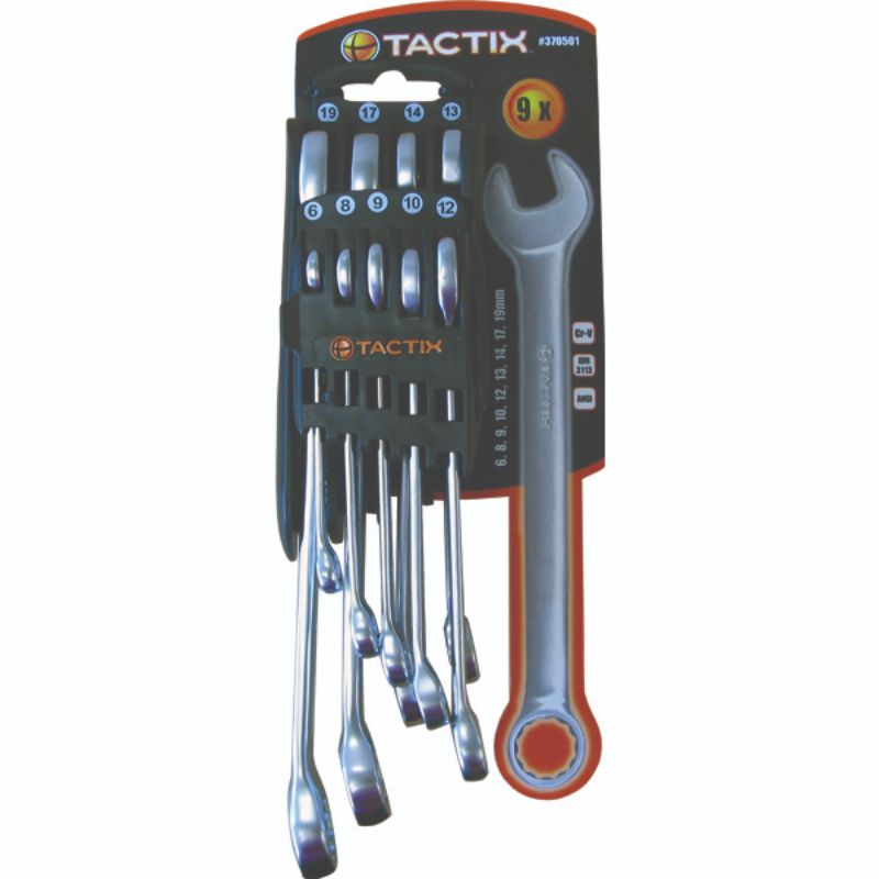 Tactix 9pc Metric Combination Spanner Set in chrome vanadium steel, featuring sizes 6mm to 19mm for versatile tooling.