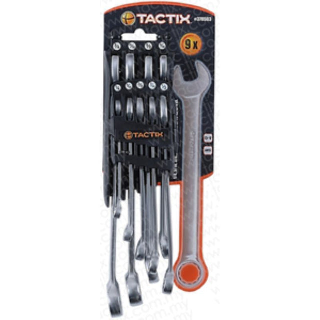 Tactix 9pc Combination Spanner Set featuring chrome vanadium steel construction and essential SAE sizes for versatile tasks.