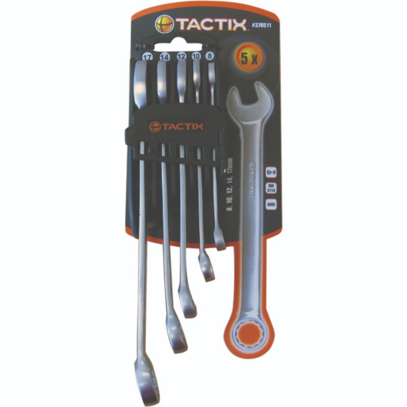 Tactix 5pc metric spanner set in chrome vanadium steel with a satin finish, sizes 8-17mm for versatile fastening tasks.