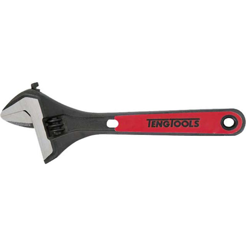 Teng 12in adjustable wrench, chrome vanadium steel, 15° jaw angle, wider opening, bi-material grip, ISO standards compliant.