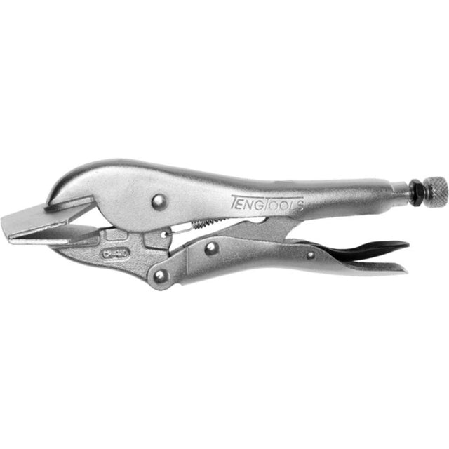 Teng 8-inch Sheet Metal Power Grip Plier with self-locking design, zinc plated chrome vanadium, and 65mm capacity for metalworking.