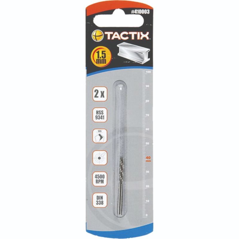 Tactix HSS Twist Drill 1.5mm set with durable high-speed steel, 135° split points for precision in metal and plastic.