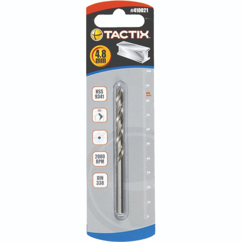 Tactix HSS Twist Drill Bit 4.8mm, high-speed steel, 135-degree split point for precision drilling in various materials.