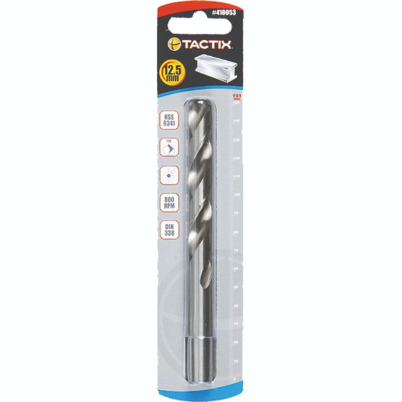 Tactix HSS Twist Drill 12.5mm, high-speed steel bit for metalworking and DIY, featuring 135-degree split point design.