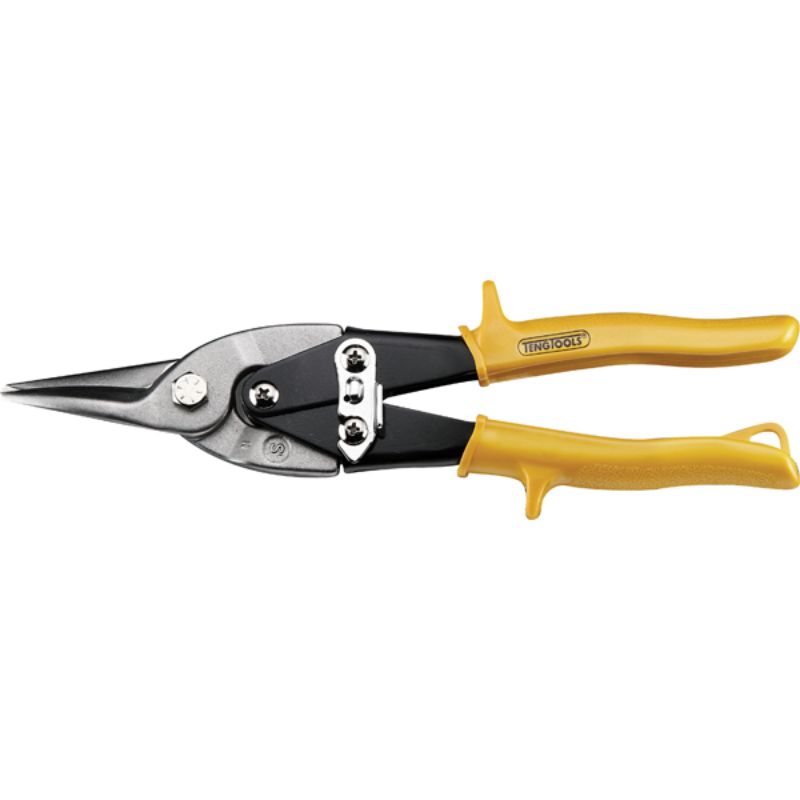 High leverage 10-inch tin snip with serrated molybdenum steel blades, comfortable grips, and spring-loaded locking lever for precise cuts.