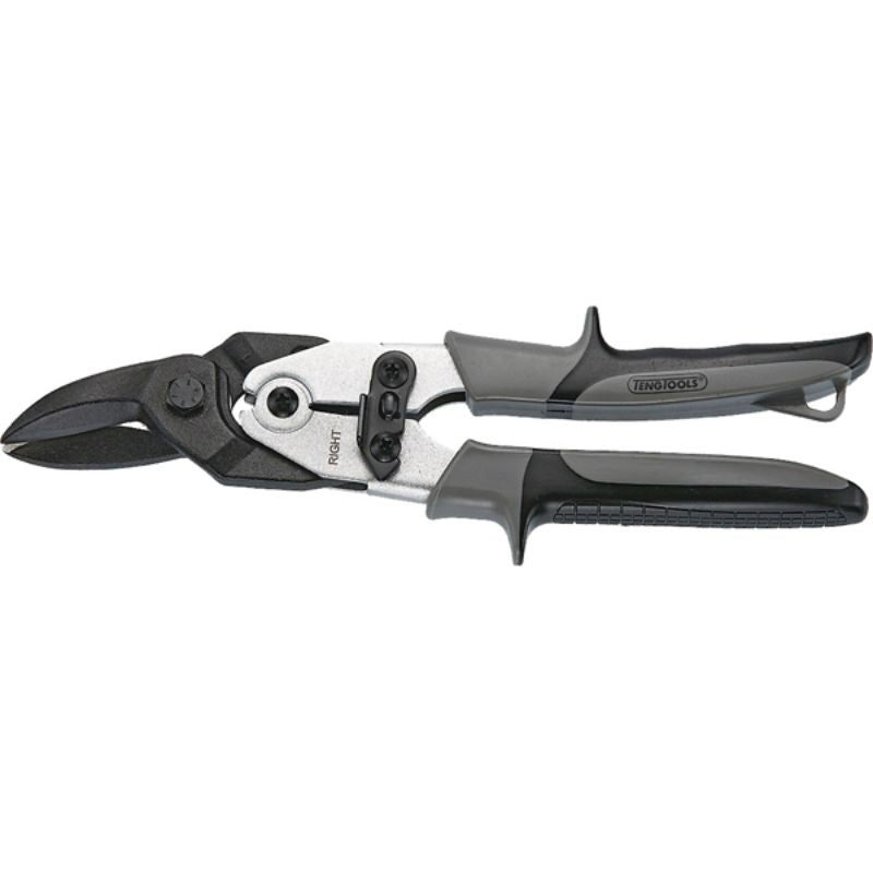 Teng 10-inch tin snip for precision metal cutting, featuring durable chrome-moly steel, ergonomic handles, and compound action design.