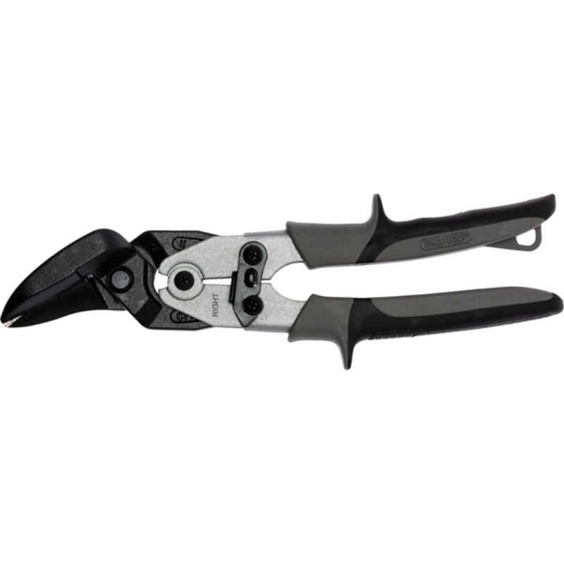 Teng 10in Off-Set Tin Snip for precision cutting, featuring drop forged steel, ergonomic handles, and safety locking lever.