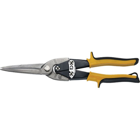 Teng 290mm Long Blade Tin Snip with durable HRC60-62 edges, high leverage handles, soft grips, and safety lock for effortless metal cutting.