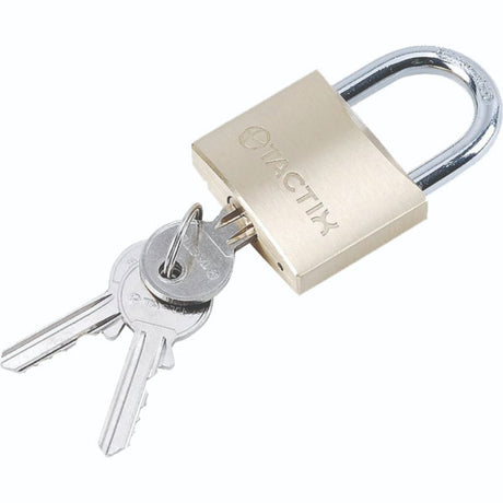 Tactix 40mm brass padlock with solid body, three keys, and weather-resistant design for indoor and outdoor security.