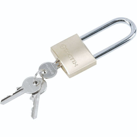 Tactix 40mm brass padlock with long shackle for secure locking, includes 3 keys, ideal for gates and lockers.