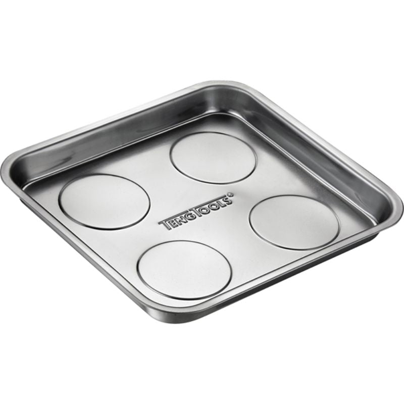 Stainless steel magnetic tray, 295mm, with 4 magnets for holding screws and washers securely; versatile for different placements.