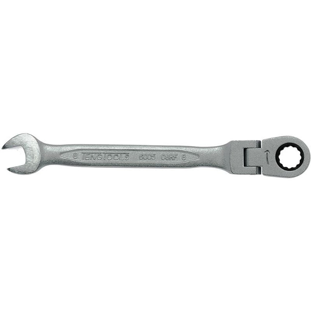 Teng Flex-Head Ratchet Comb Spanner 8mm with flexible joint, 12-point ratchet, durable chrome vanadium steel, satin finish.