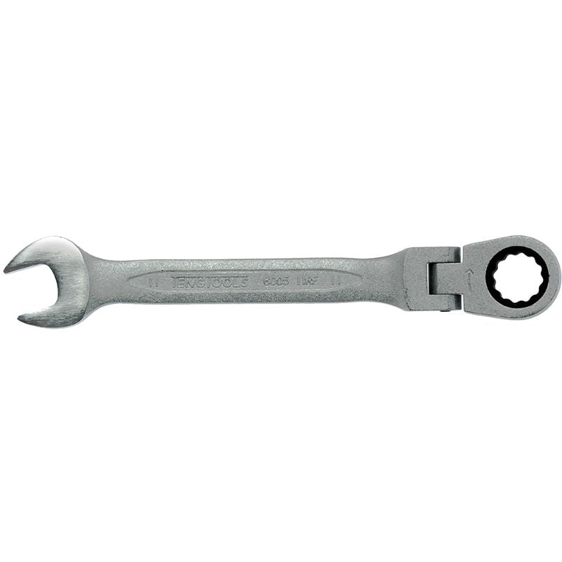 Teng Flex-Head Ratchet Comb Spanner 11mm with flexible joint, 72-tooth mechanism, chrome vanadium steel, compact and durable.