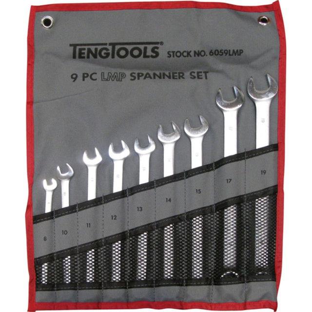 Teng 9pc LMP Combination Spanner Set in tool roll, sizes 8-19mm, made of durable Chrome Vanadium steel with satin finish.