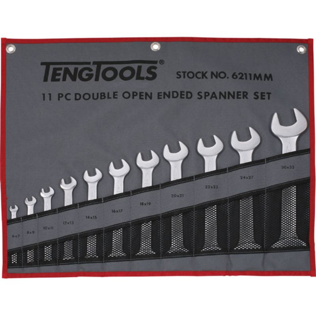 Teng 11pc double open-end spanner set, 6-32mm, durable chrome vanadium steel for precision repair tasks.