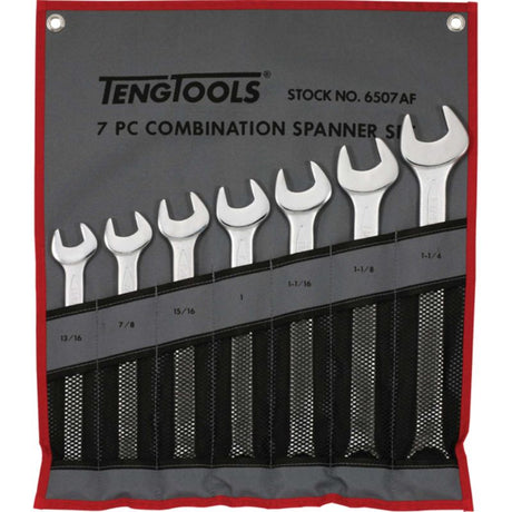 Teng 7-piece AF spanner set in canvas roll, Chrome Vanadium steel, sizes 13/16in to 1-1/4in, polished for grip.