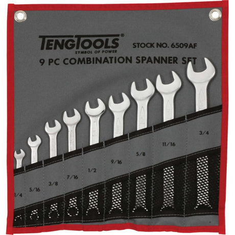 Teng 9pc Combination AF Spanner Set in a canvas roll, crafted from Chrome Vanadium with sizes 1/4" to 3/4" for versatile use.