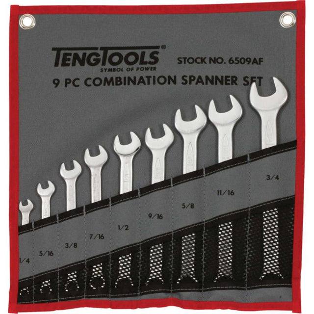 Teng 9pc Combination AF Spanner Set in a canvas roll, crafted from Chrome Vanadium with sizes 1/4" to 3/4" for versatile use.