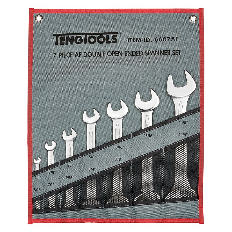 7-piece Teng double offset ring spanner set in a tool roll, featuring sizes from 1/4 to 1-1/4 inches for versatile use.