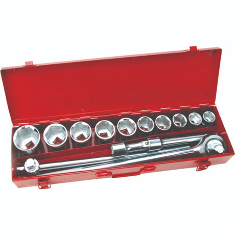 Tactix Onsite 15pc Socket Set in sturdy case, includes 6-point sockets (22-50mm) and ratchet extensions for heavy-duty tasks.