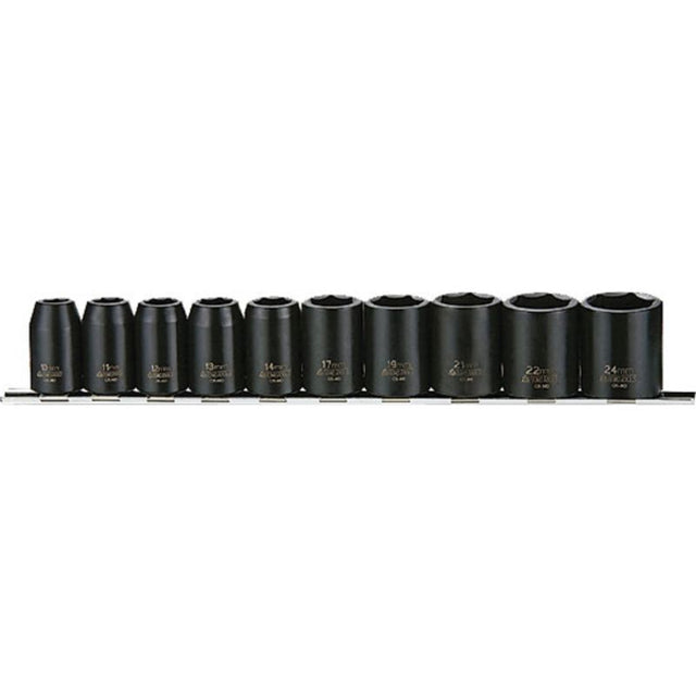 "Teng 10pc 1/2in Drive Impact Socket Set featuring 6-point openings, 10mm to 24mm sizes, and organized on clip rail."