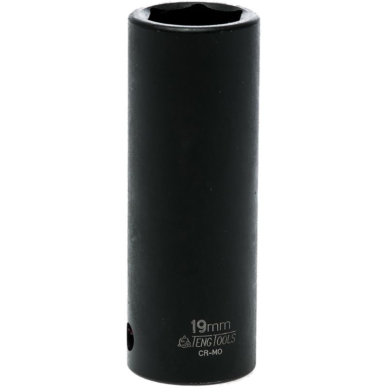 Teng 1/2in Dr. Deep Impact Socket 19mm ANSI, chrome molybdenum steel, designed for heavy-duty automotive applications.