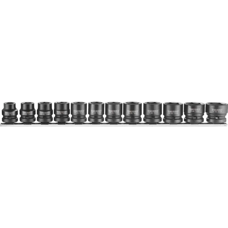 Teng 12pc Stubby Air Impact Socket Set with sockets from 10-24mm, designed for easy access to tight spaces.