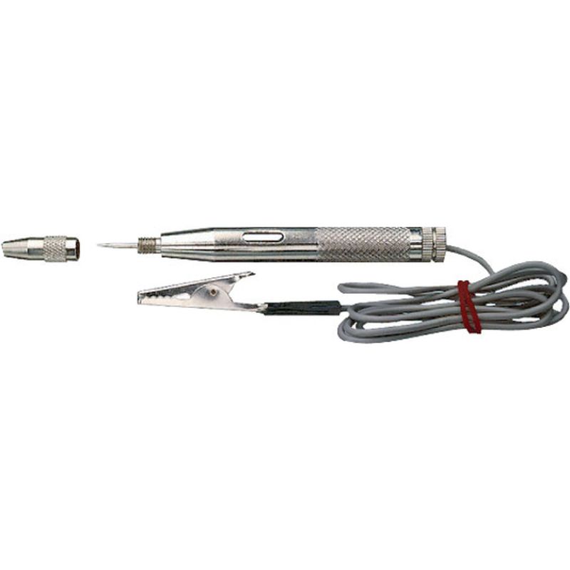 Teng 6-24V Circuit Tester with brass body, steel probe, 830mm cable, and alligator clip for easy electrical diagnostics.