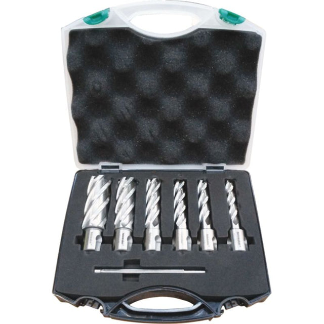 8-piece annular cutter set featuring high-speed steel, 50mm depth of cut, various diameters, and universal 3/4in shank.