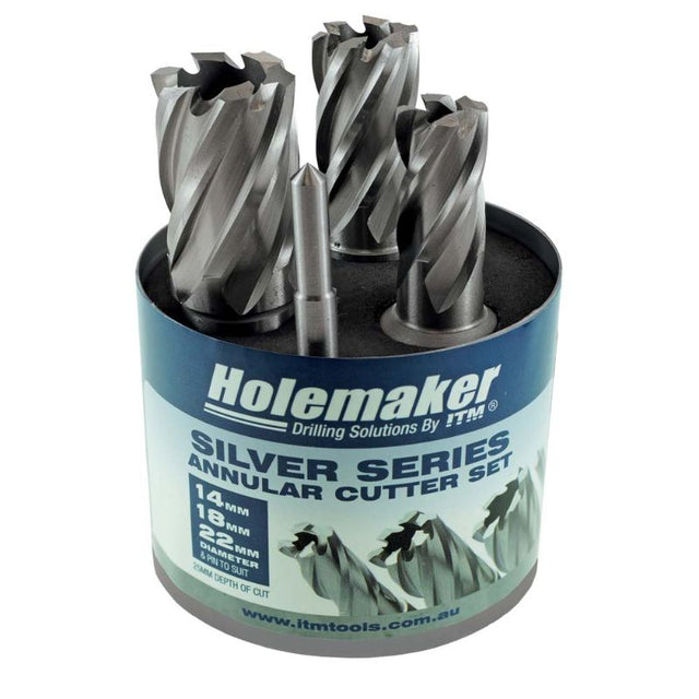 "Set of 4 high-speed steel annular cutters with universal shank, designed for precision drilling and metal cutting."