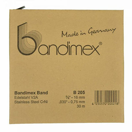 High-strength Bandimex B205 Band, 5/8in wide, 30m long, ideal for durable binding in construction and DIY projects.