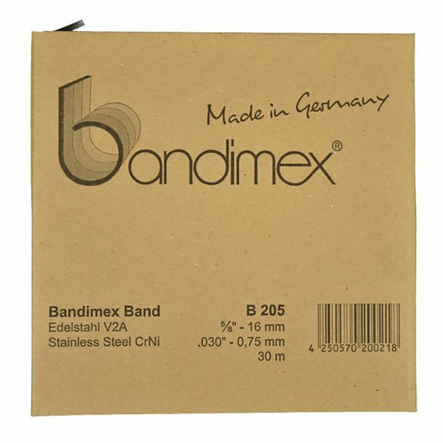 High-strength Bandimex B205 Band, 5/8in wide, 30m long, ideal for durable binding in construction and DIY projects.