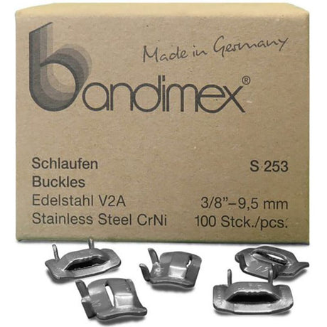 100 durable 3/8in (9.5mm) Bandimex S253 buckles made from SS-CrNi, ideal for crafting and outdoor gear repairs.