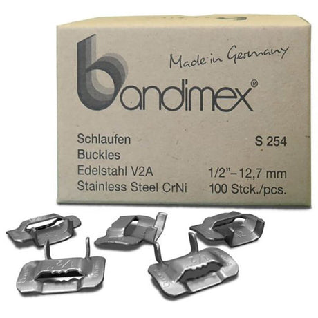 100-pack of Bandimex S254 1/2in buckles, sturdy SS-CrNi, ideal for fastening in DIY, crafting, and outdoor projects.