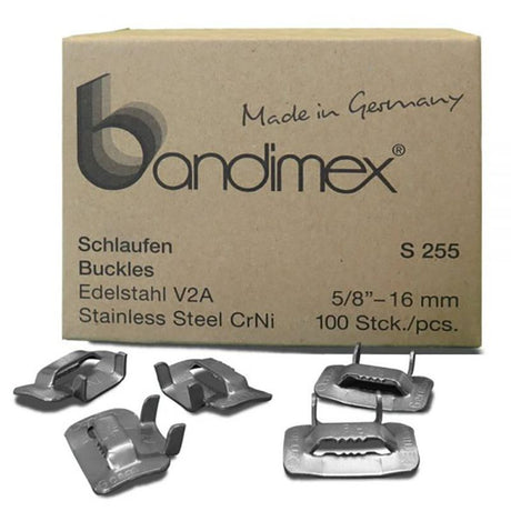 Durable Bandimex S255 buckles, 5/8in wide, 100-pack, ideal for crafting, upholstery, and outdoor gear fastening.