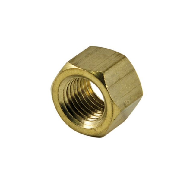 Pack of four durable brass manifold nuts for secure, leak-free plumbing connections; 1/4 inch UNC thread compatible.