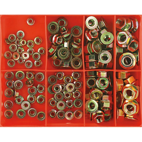 Zinc-plated 140pc metric flange nut assortment, featuring eight sizes from 5mm to 12mm for various fastening needs.